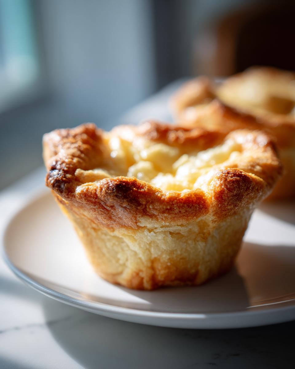 Close-up of a golden-brown Baby Lemon Impossible Pie on a white plate, showing its flaky crust and creamy filling.