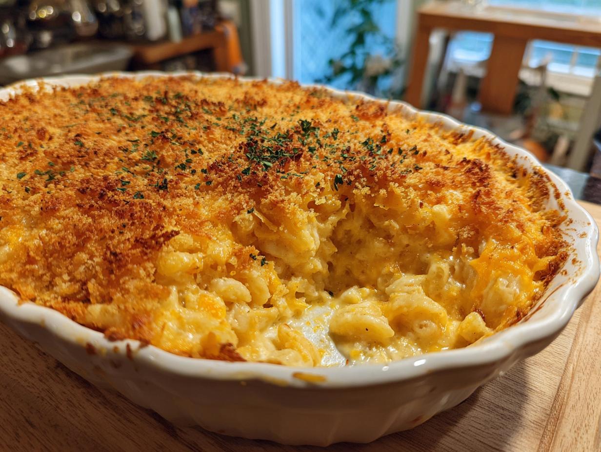 A close-up view of a golden-brown baked hashbrown casserole with a crispy topping, showing creamy interior.