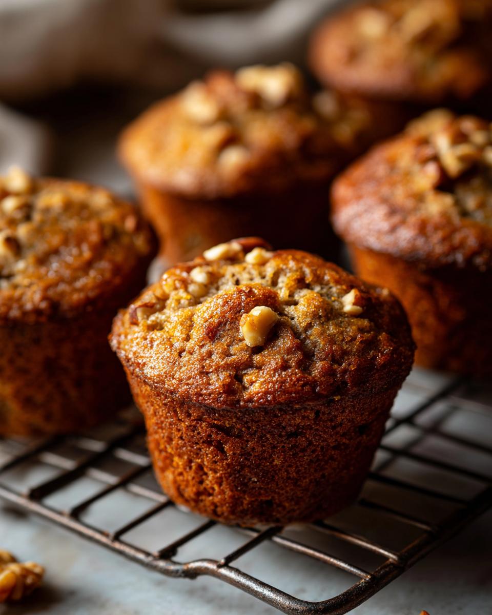 Close-up of moist banana nut muffins topped with walnuts, cooling on a wire rack.
