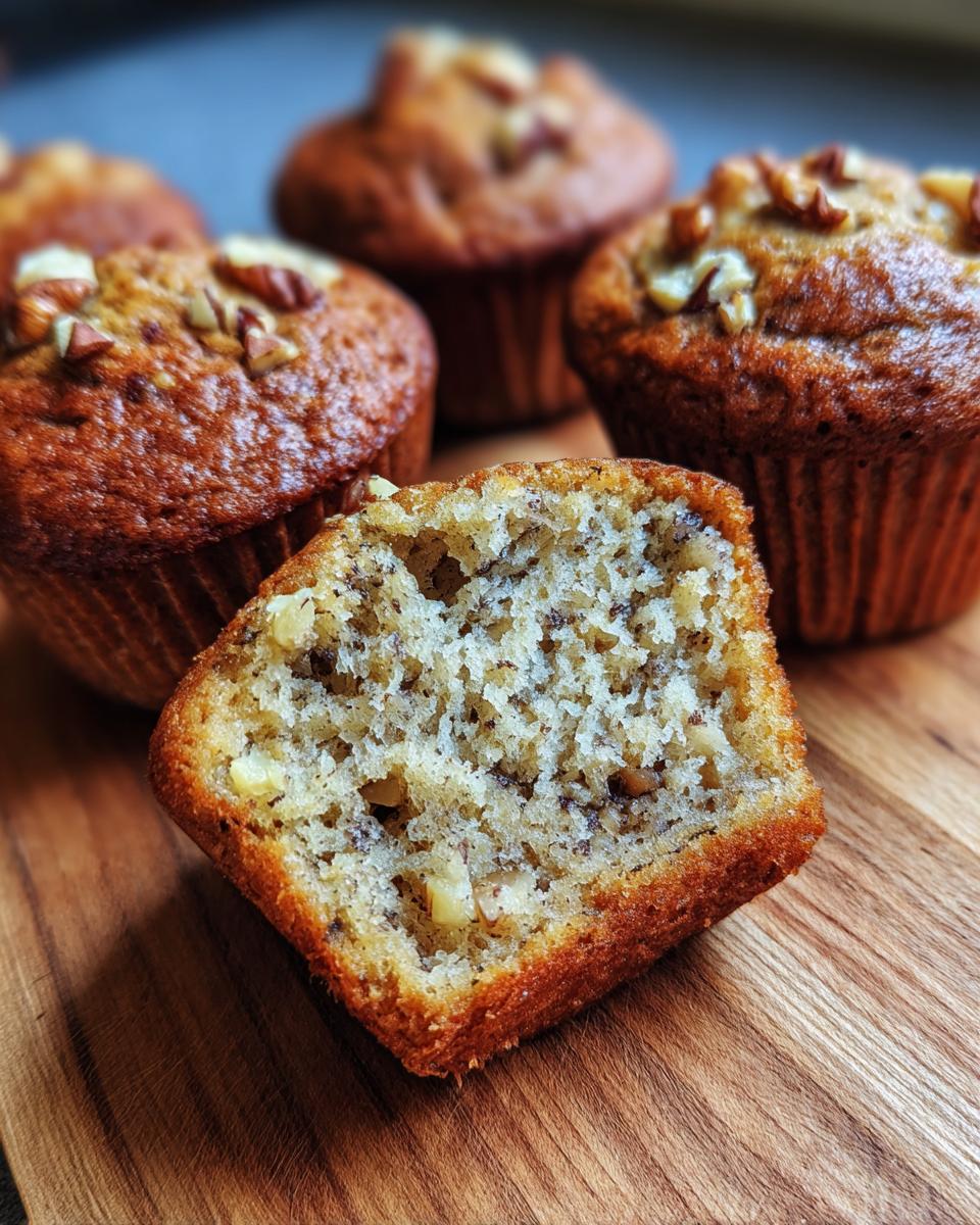 Close-up of a halved banana nut muffin showing its moist crumb and chopped nuts, with other muffins in the background.