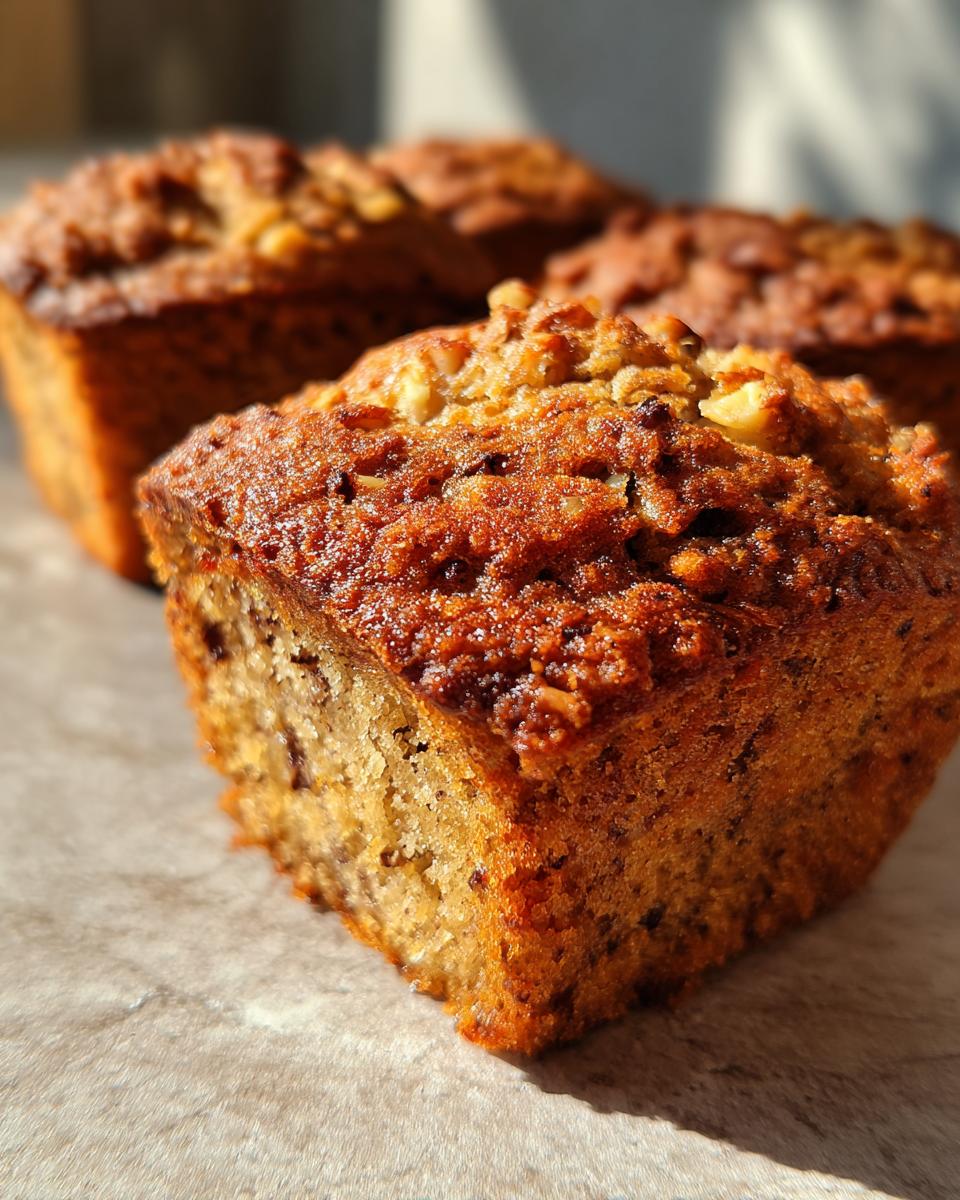 Close-up of moist banana nut muffins with visible nuts and banana chunks on top.