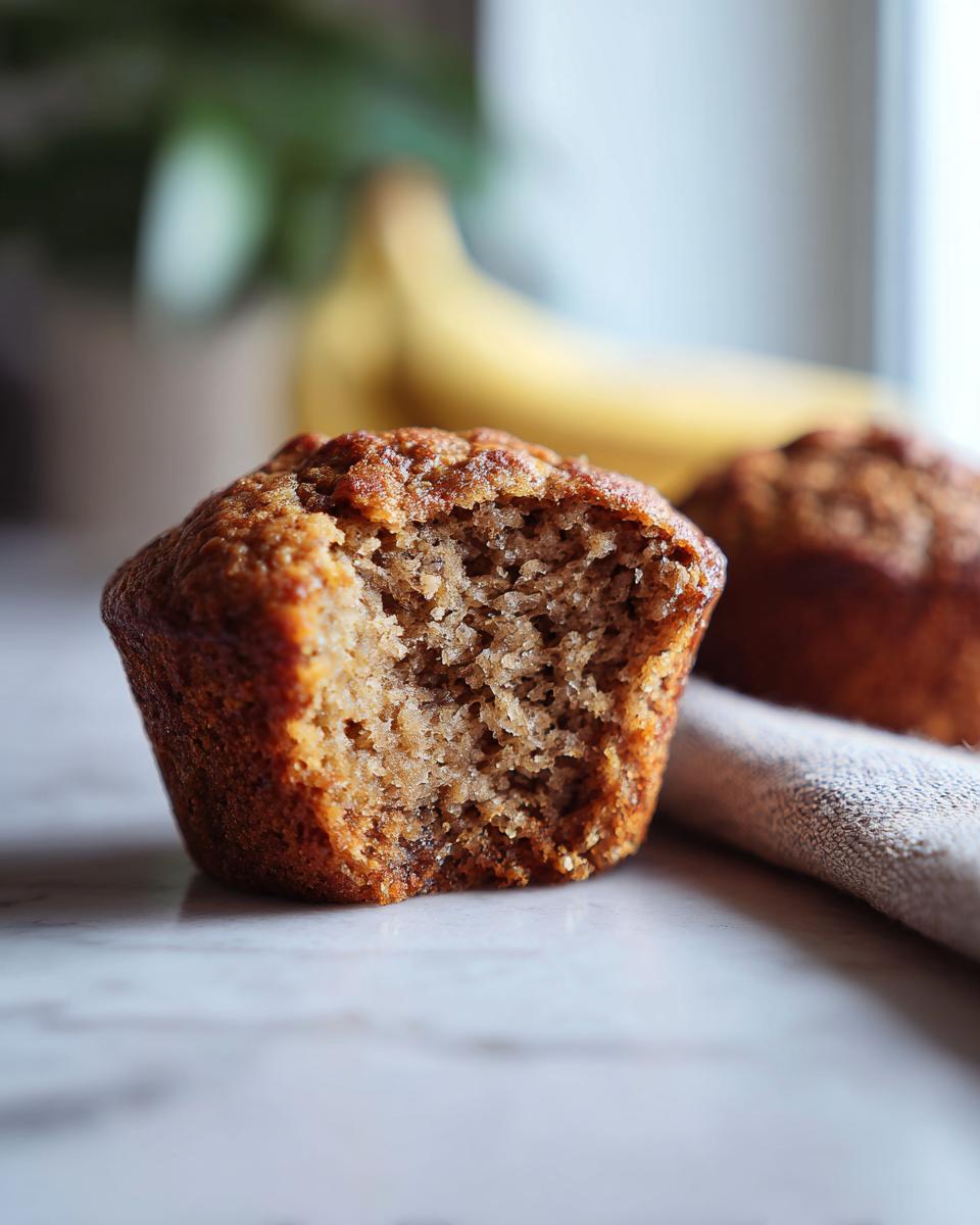 Close-up of a delicious banana protein muffin with a bite taken out, showing its moist texture.