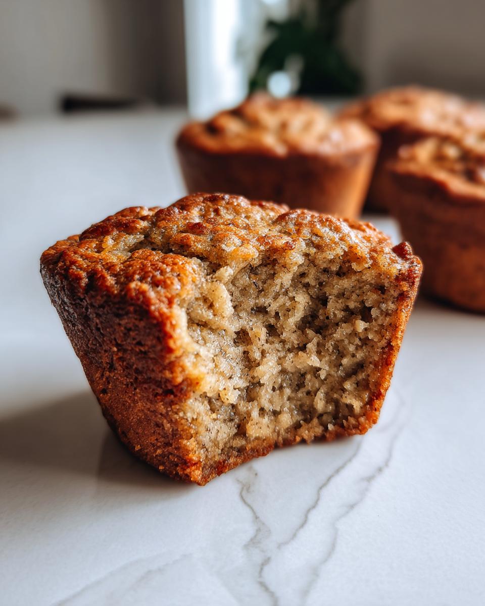 Close-up of a delicious banana protein muffin with a bite taken out, showing its moist texture.
