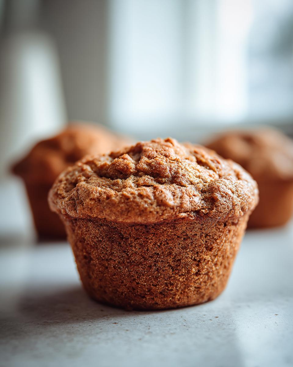 Close-up of a golden-brown banana protein muffin with a textured top, in a shallow depth of field.