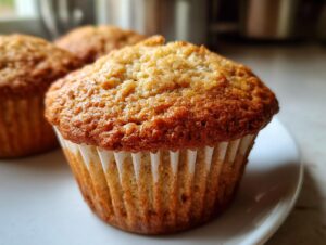 Close-up of a golden-brown banana protein muffin in a white paper liner on a white plate.