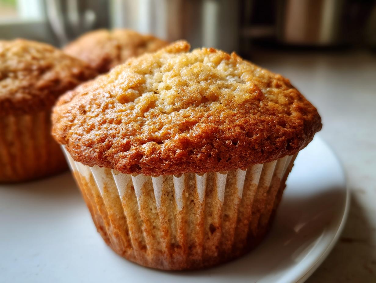 Close-up of a golden-brown banana protein muffin in a white paper liner on a white plate.