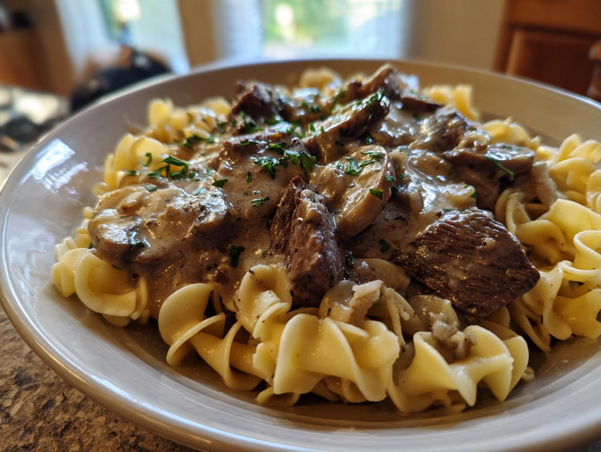 A close-up of a bowl of creamy Beef Stroganoff served over wide egg noodles, garnished with fresh parsley.