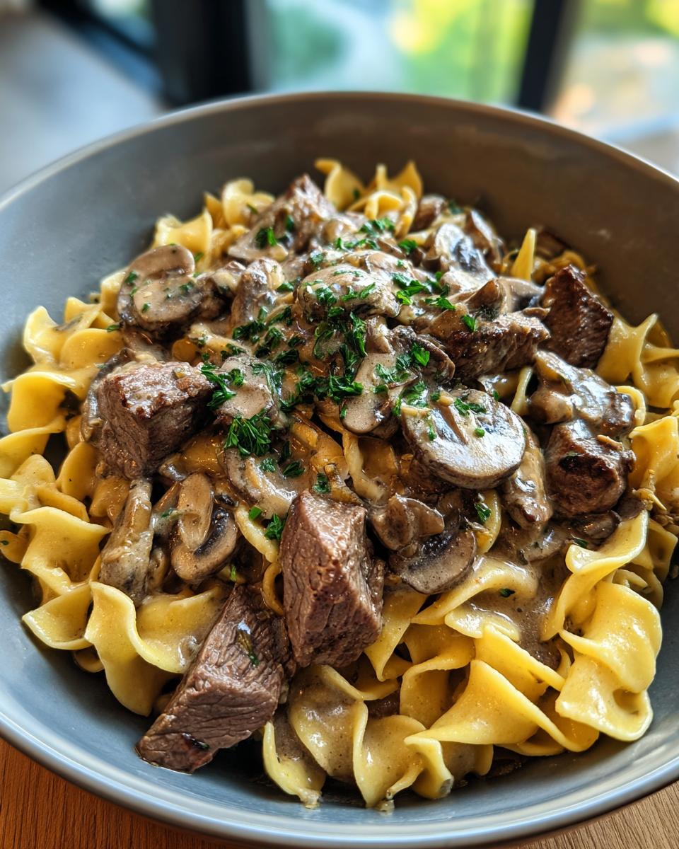 A close-up of a bowl filled with creamy Beef Stroganoff, featuring tender beef chunks, sliced mushrooms, and wide egg noodles, garnished with fresh parsley.