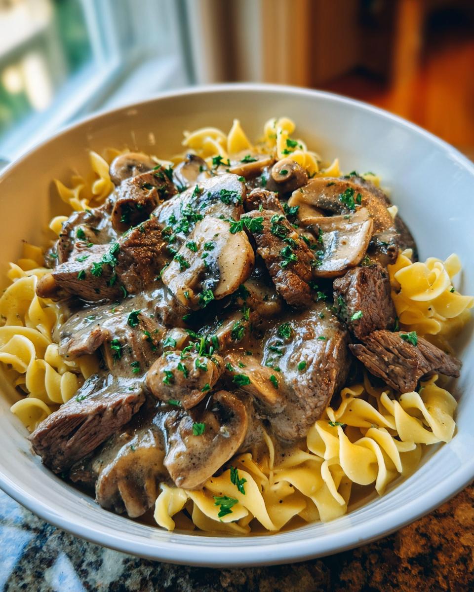 A close-up of a bowl of delicious Beef Stroganoff served over wide egg noodles, topped with sliced mushrooms and fresh parsley.