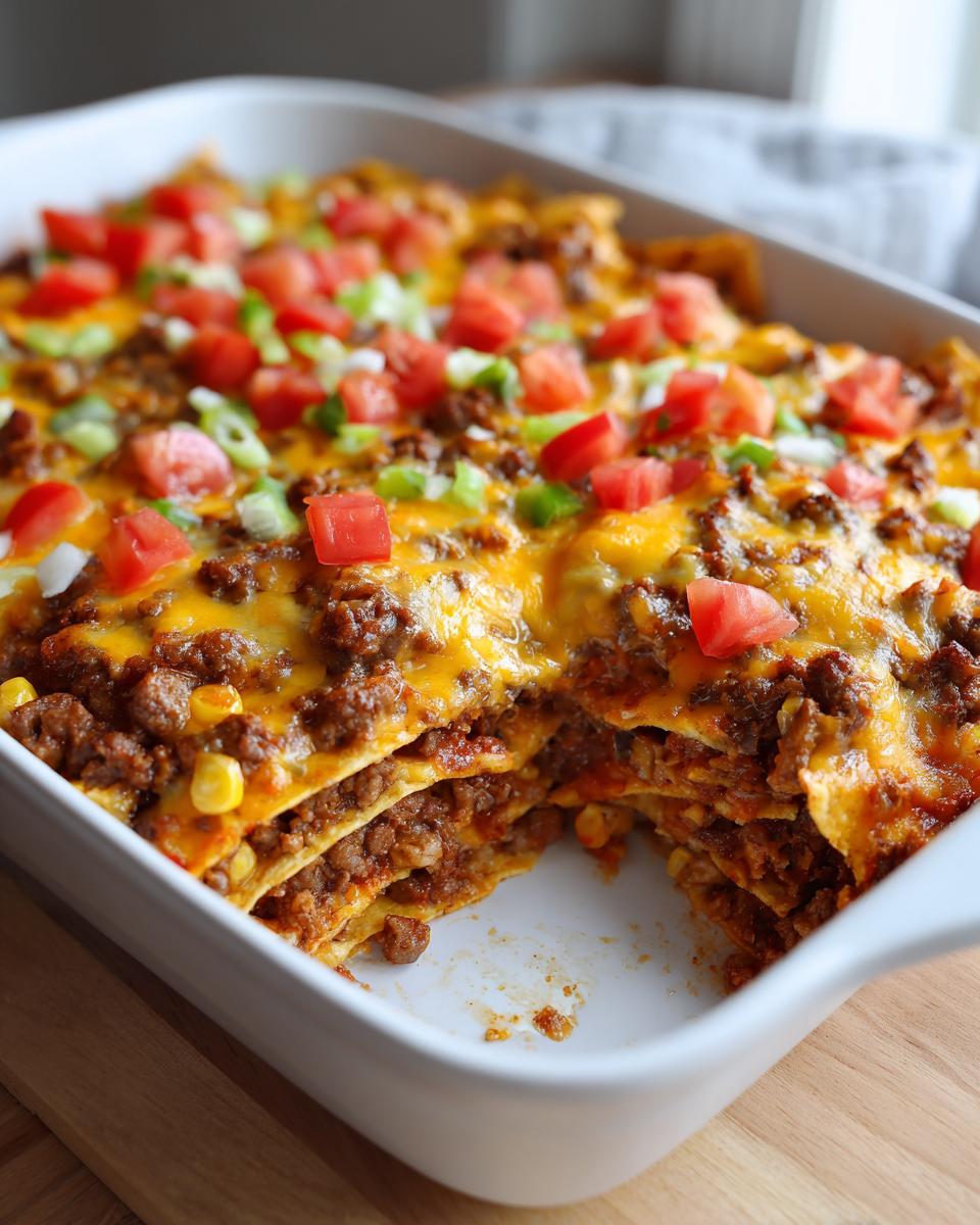 A freshly baked Beef Taco Casserole in a white baking dish, topped with melted cheese, diced tomatoes, and green onions.