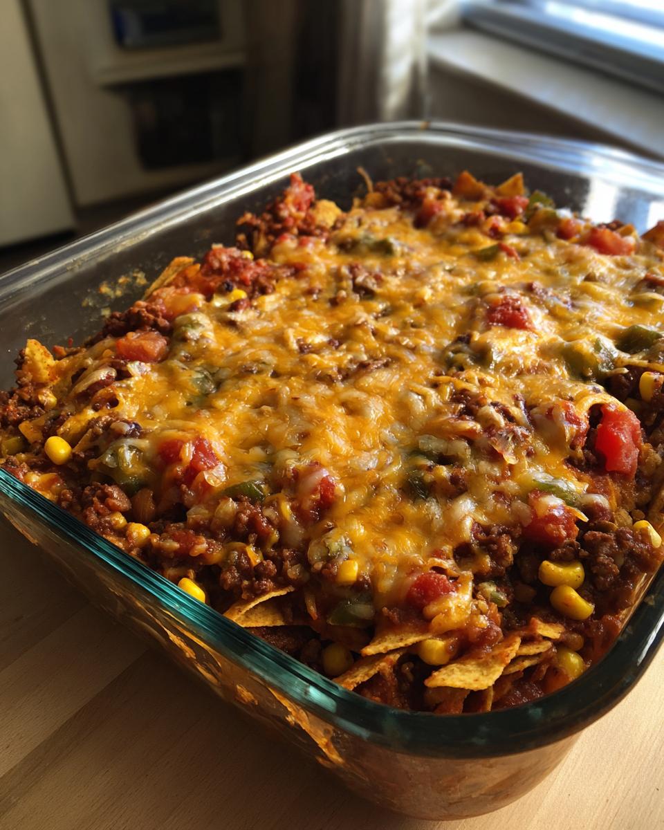 A close-up of a bubbling Beef Taco Casserole in a glass dish, topped with melted cheese, corn, and tomatoes.