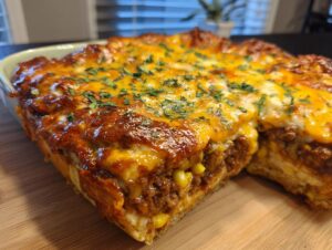 A slice of delicious Beef Taco Casserole, showing layers of seasoned ground beef, corn, and melted cheddar cheese, topped with fresh parsley.