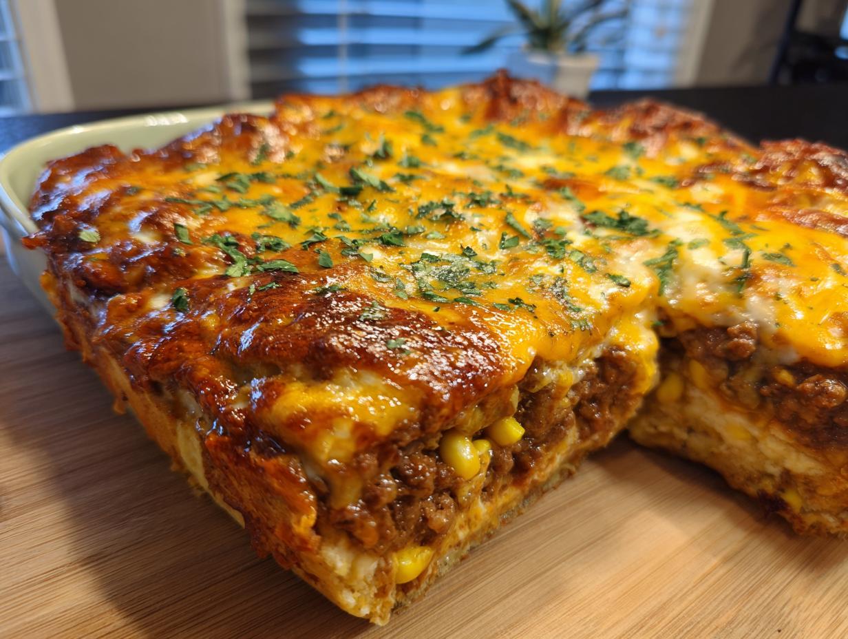 A slice of delicious Beef Taco Casserole, showing layers of seasoned ground beef, corn, and melted cheddar cheese, topped with fresh parsley.