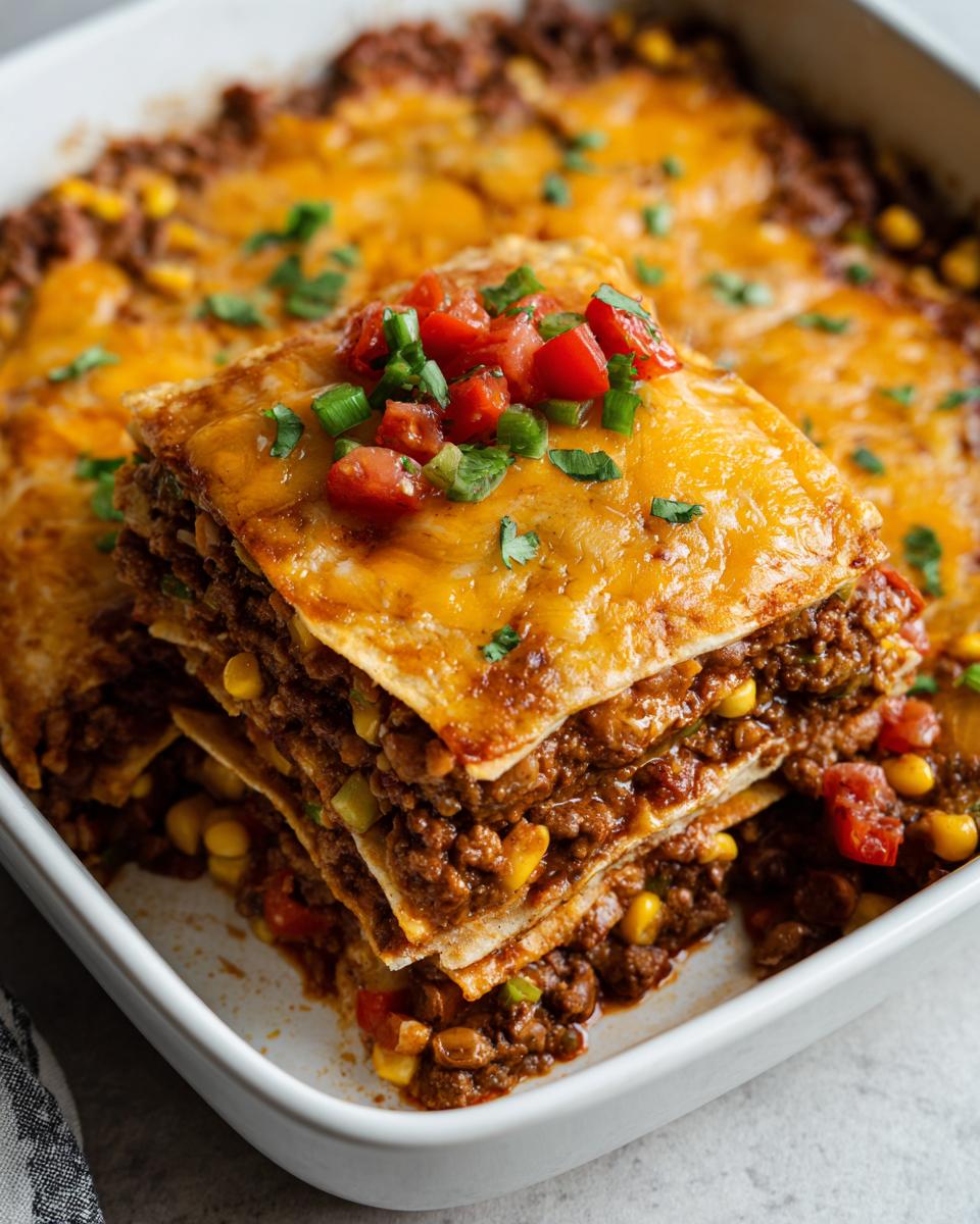 A close-up of a slice of beef taco casserole, layered with tortillas, seasoned ground beef, corn, and cheese.