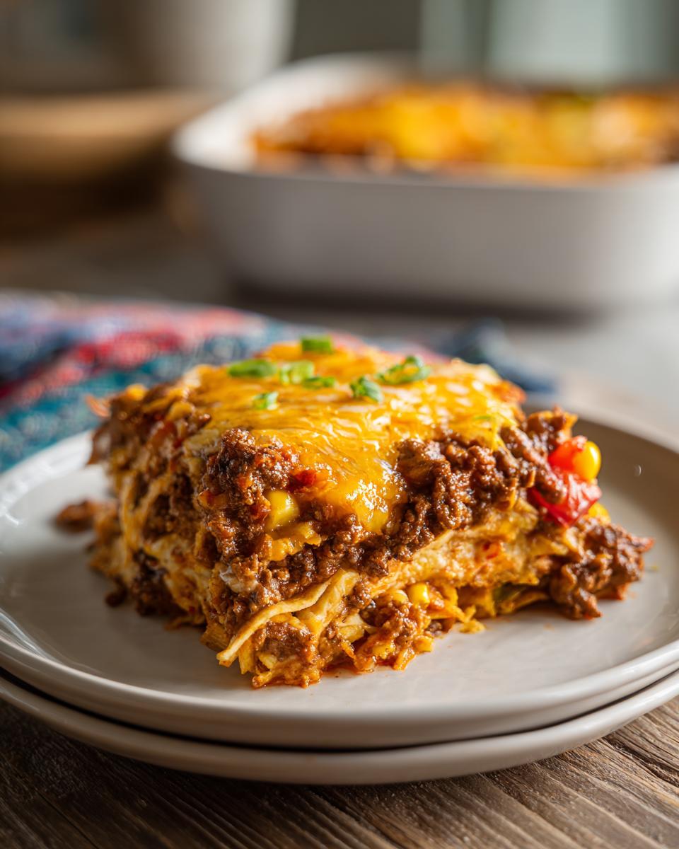 A hearty slice of beef taco casserole with melted cheese and green onions on a plate.