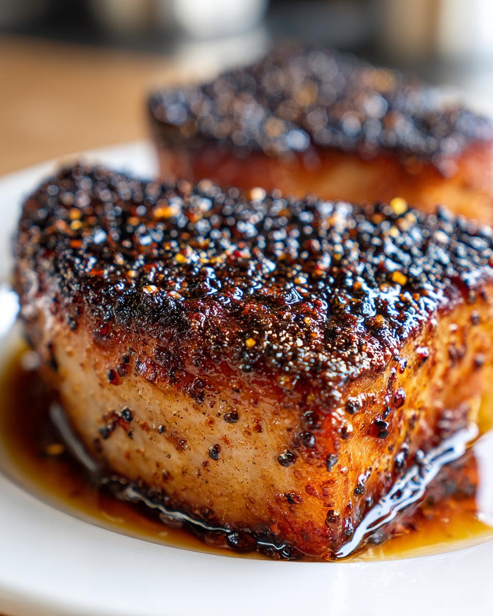 Close-up of a juicy, perfectly blackened tuna steak seasoned with spices and resting in a savory sauce.