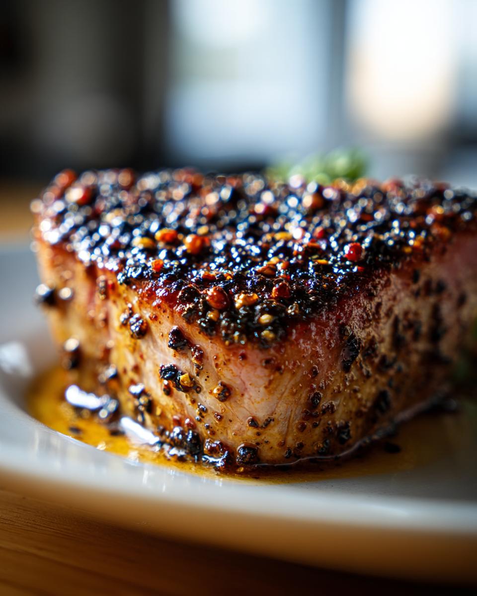 Close-up of a juicy, perfectly blackened tuna steak seasoned with spices, resting in a pool of its own juices.