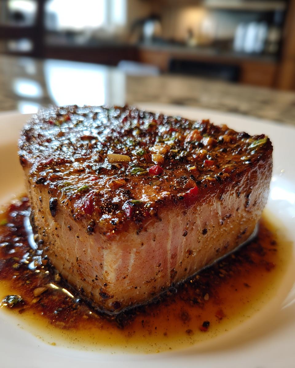A close-up of a thick, juicy Blackened Tuna Steak seared to perfection and resting in a savory sauce.
