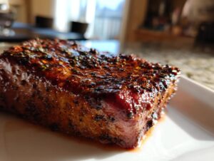 Close-up of a perfectly seasoned and seared Blackened Tuna Steak on a white plate, ready to serve.