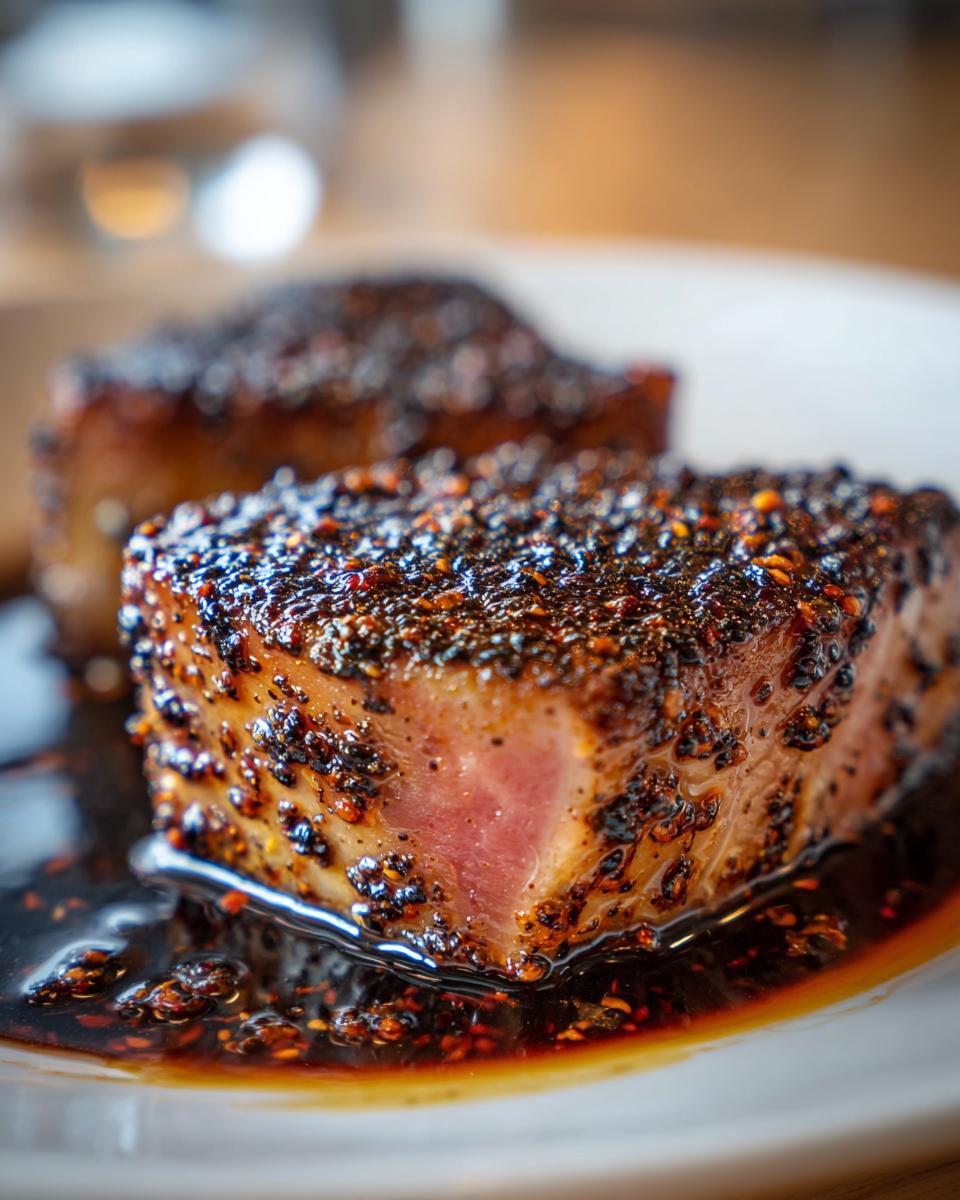 Close-up of a perfectly seared Blackened Tuna Steak, coated in spices and resting in a rich glaze.