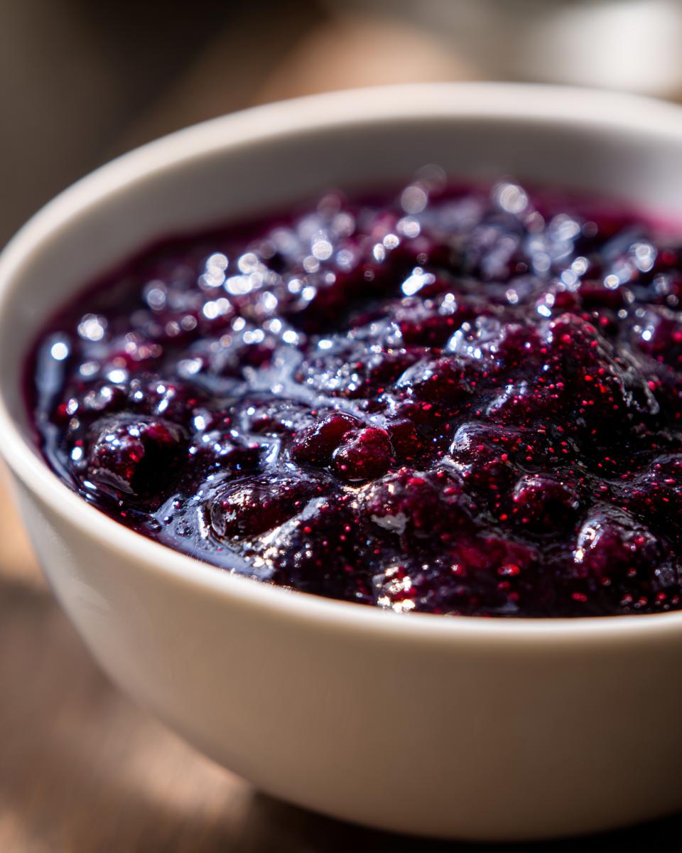 Close-up of glistening homemade blueberry jam in a white bowl, showcasing whole berries and thick texture.