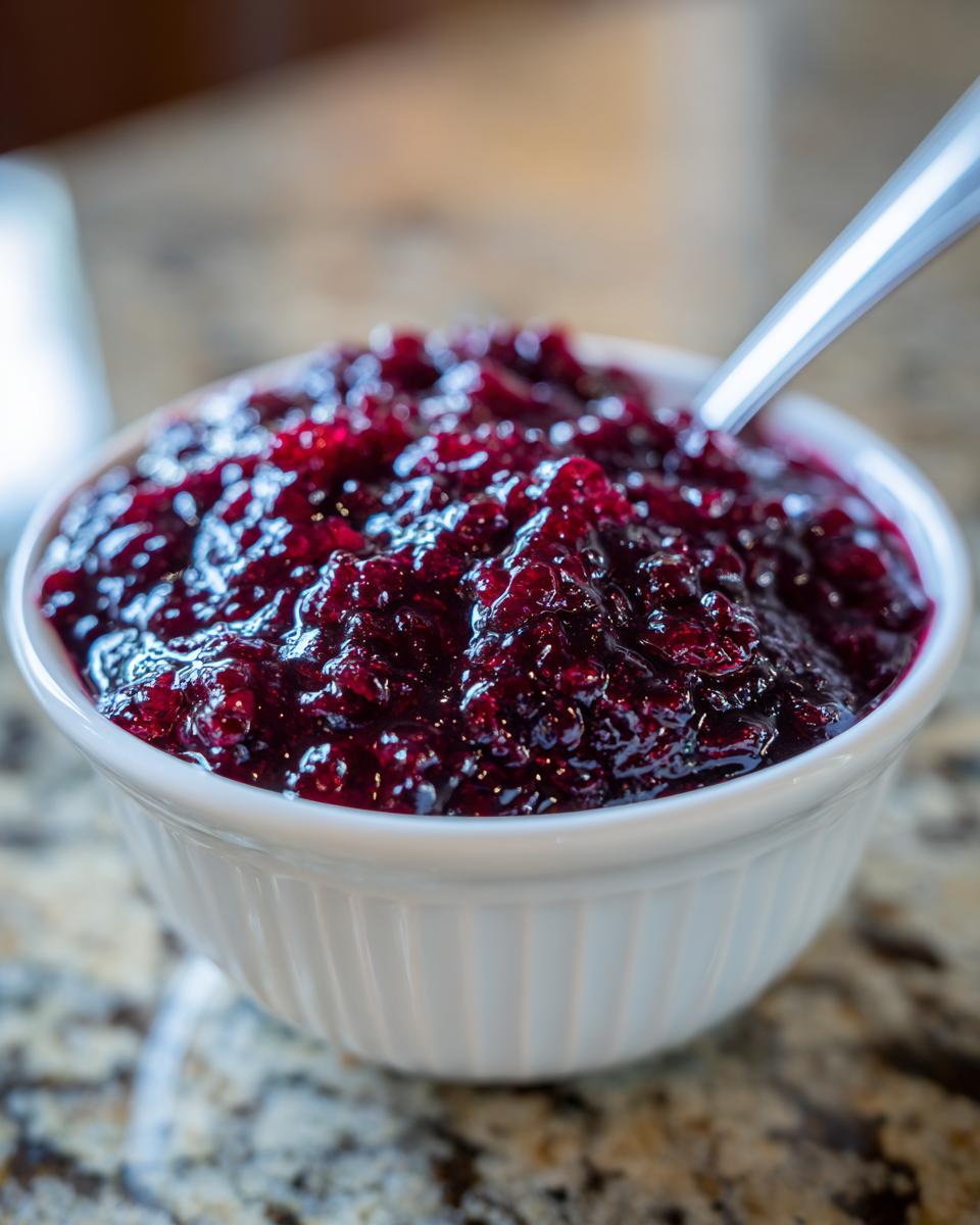 Close-up of a white ramekin filled with glistening, deep red blueberry jam, with a spoon resting inside.