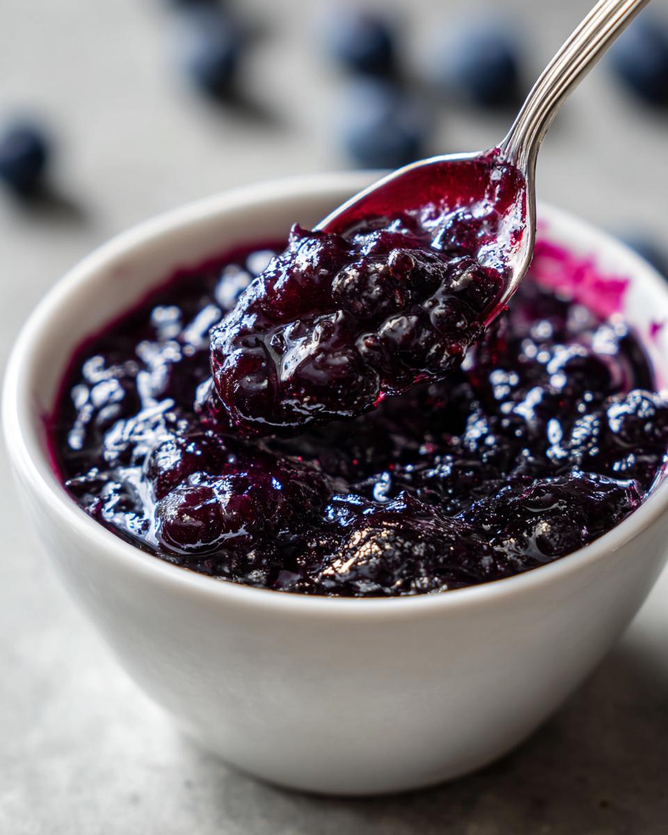 A spoonful of thick, glistening blueberry jam being lifted from a white bowl, with fresh blueberries scattered in the background.