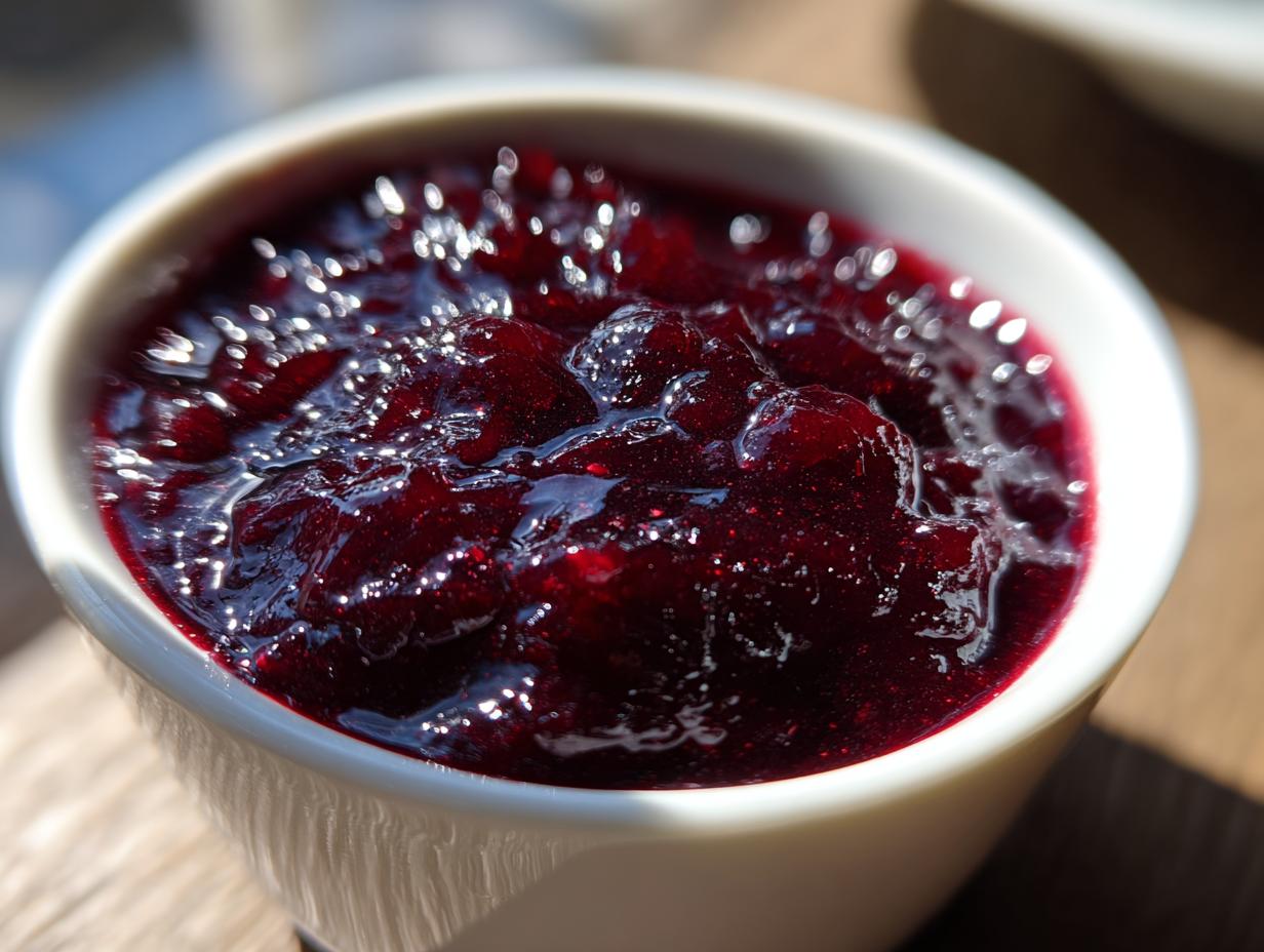 Close-up of glistening, deep red blueberry jam in a white bowl, showcasing whole berries and a glossy texture.