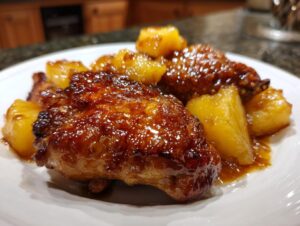 Close-up of glistening Brown Sugar Pineapple Chicken pieces served with pineapple chunks on a white plate.