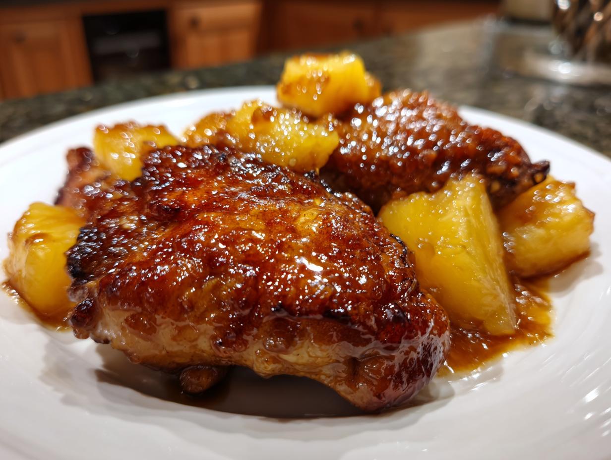 Close-up of glistening Brown Sugar Pineapple Chicken pieces served with pineapple chunks on a white plate.