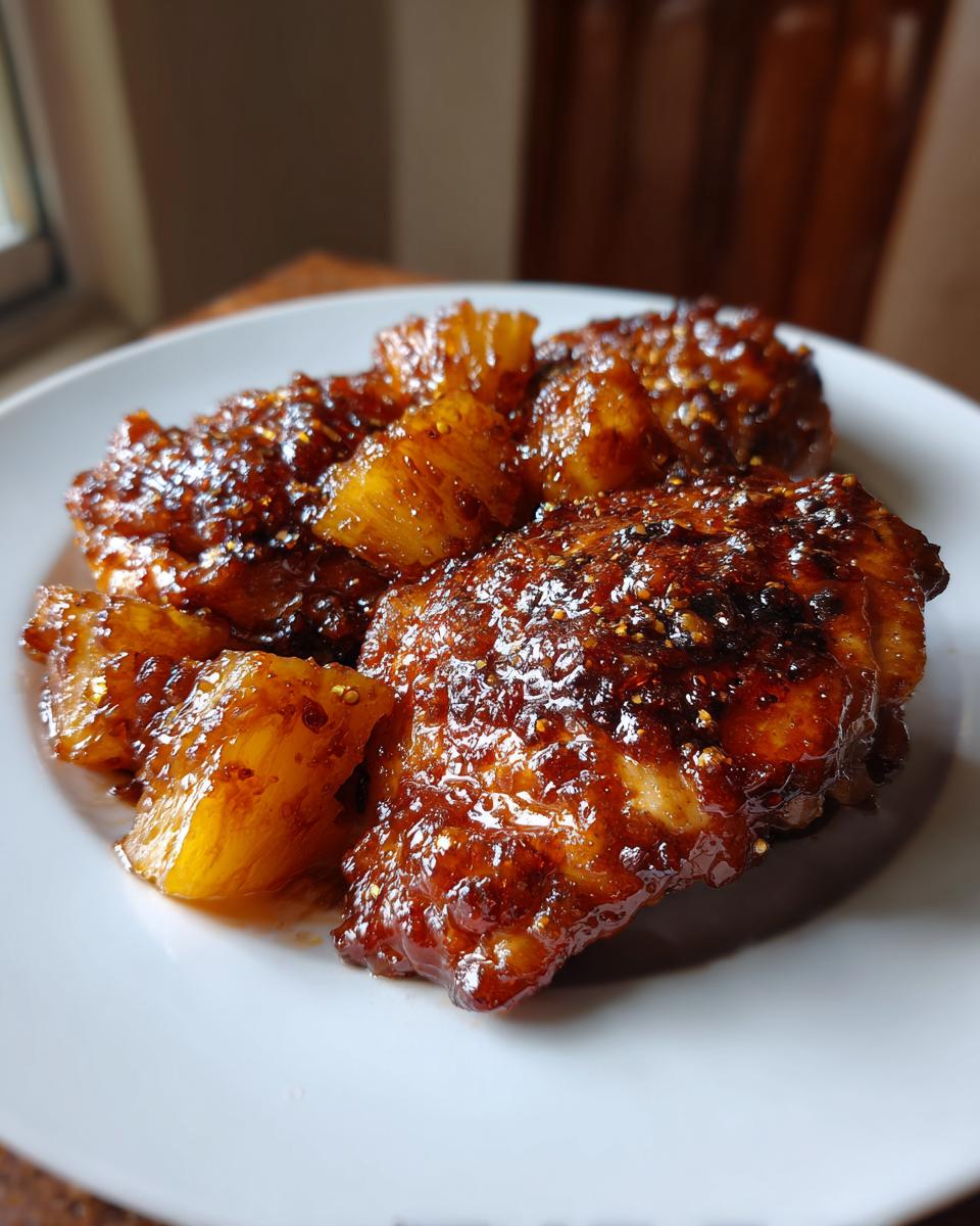 Close-up of glistening Brown Sugar Pineapple Chicken pieces served with chunks of pineapple on a white plate.