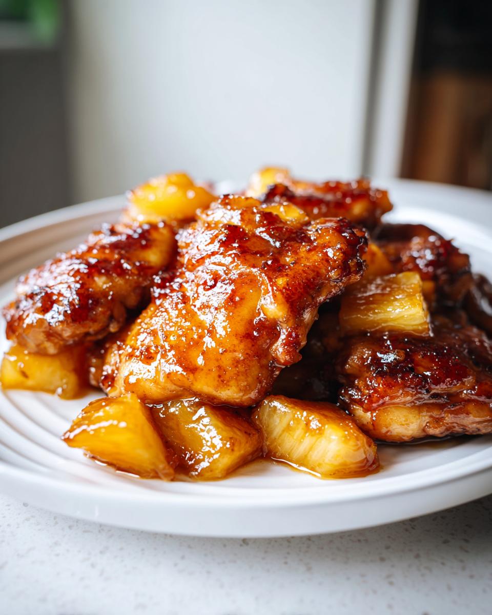 Close-up of glistening Brown Sugar Pineapple Chicken pieces with chunks of pineapple on a white plate.