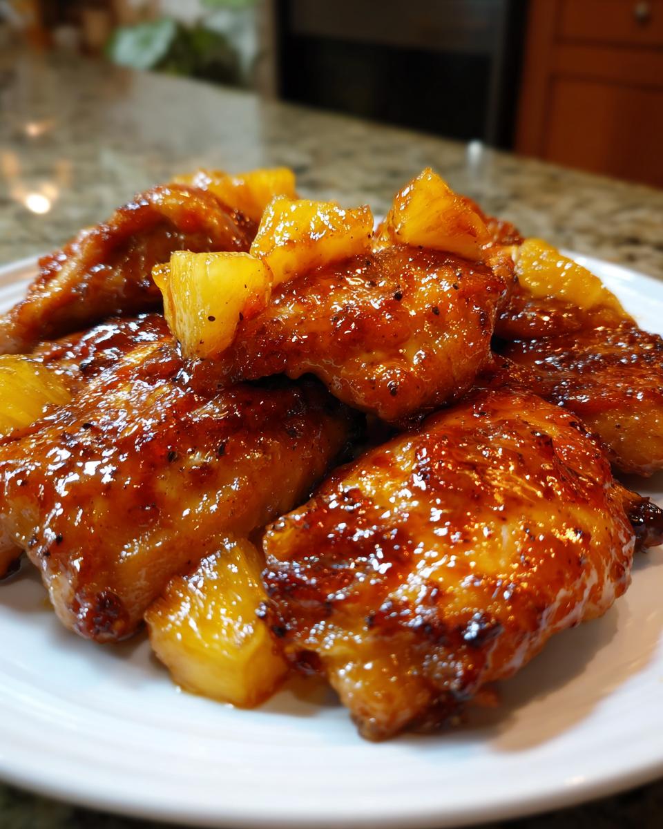 Close-up of glistening Brown Sugar Pineapple Chicken pieces topped with chunks of pineapple.