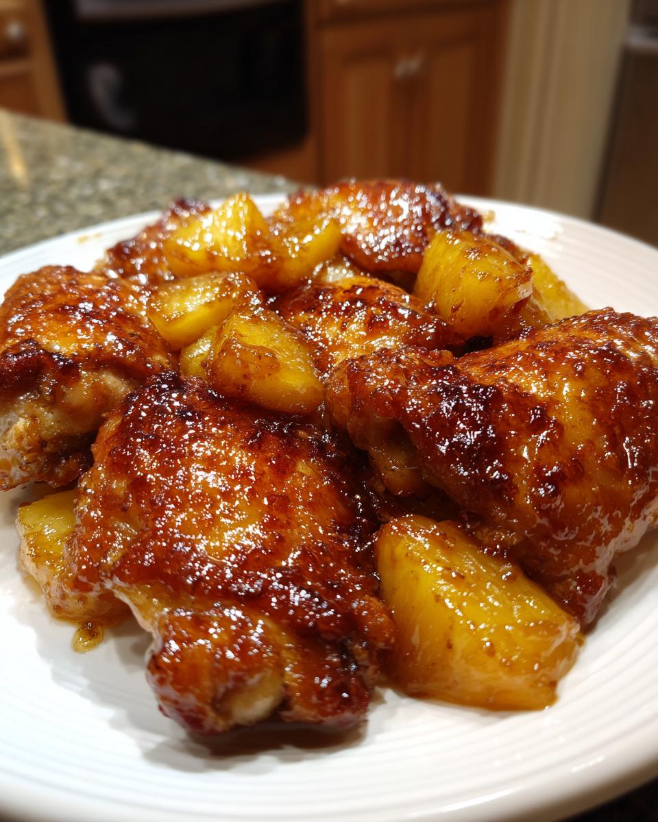 A plate of glossy brown sugar pineapple chicken wings, glistening with sauce and chunks of pineapple.
