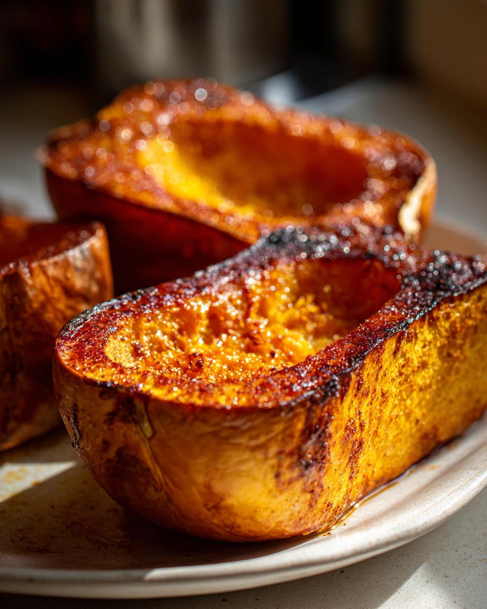 Close-up of perfectly roasted butternut squash halves, glistening with brown sugar glaze.