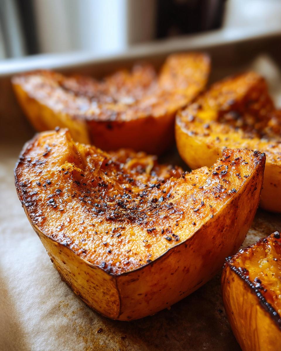 Close-up of perfectly roasted butternut squash slices with a caramelized brown sugar glaze and spices.