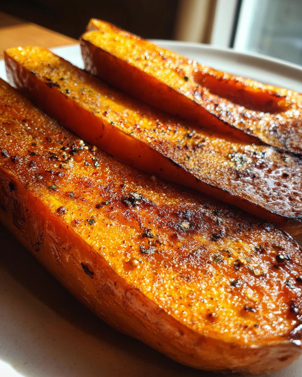 Close-up of three perfectly roasted butternut squash slices, glistening with brown sugar and spices.