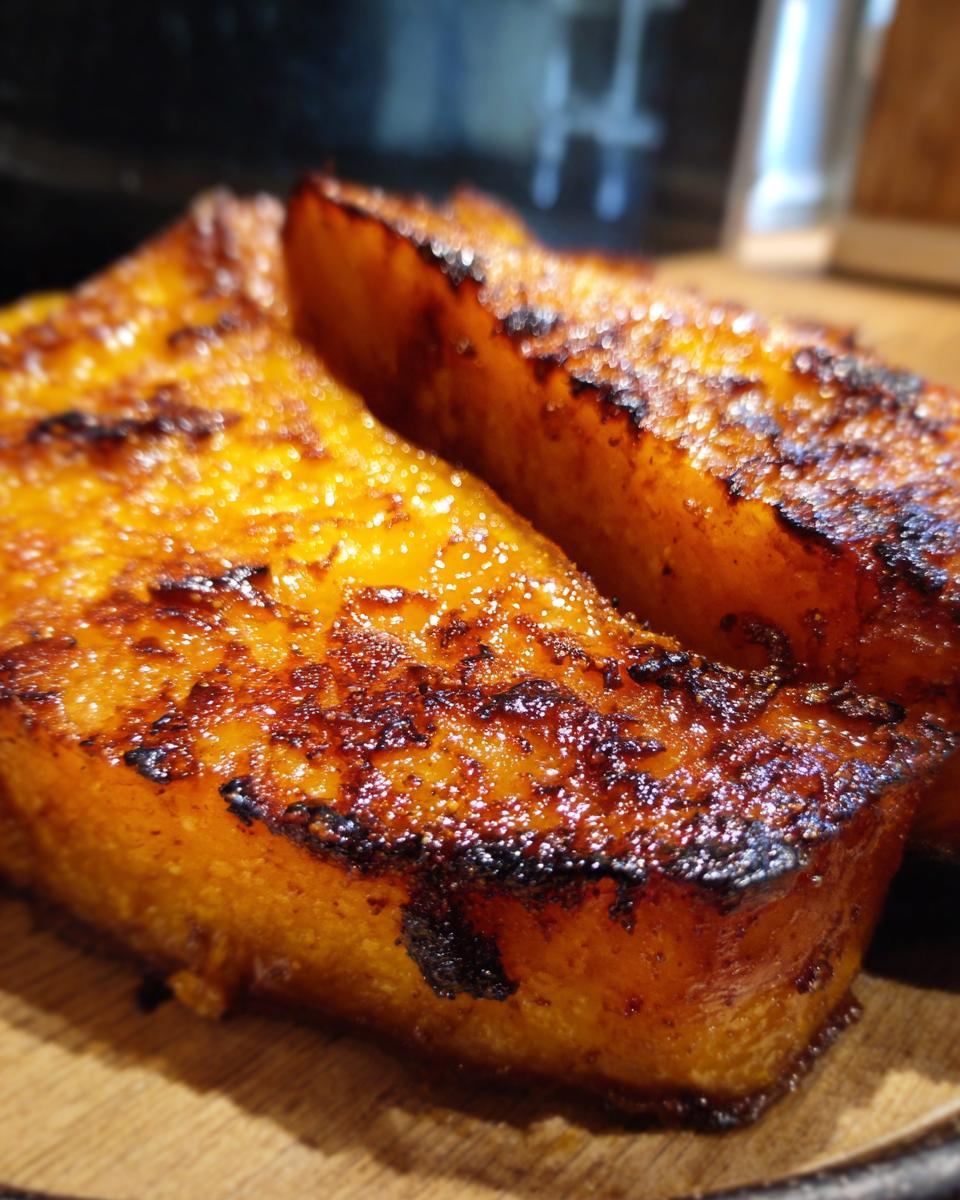 Close-up of two perfectly caramelized brown sugar roasted butternut squash slices on a wooden board.