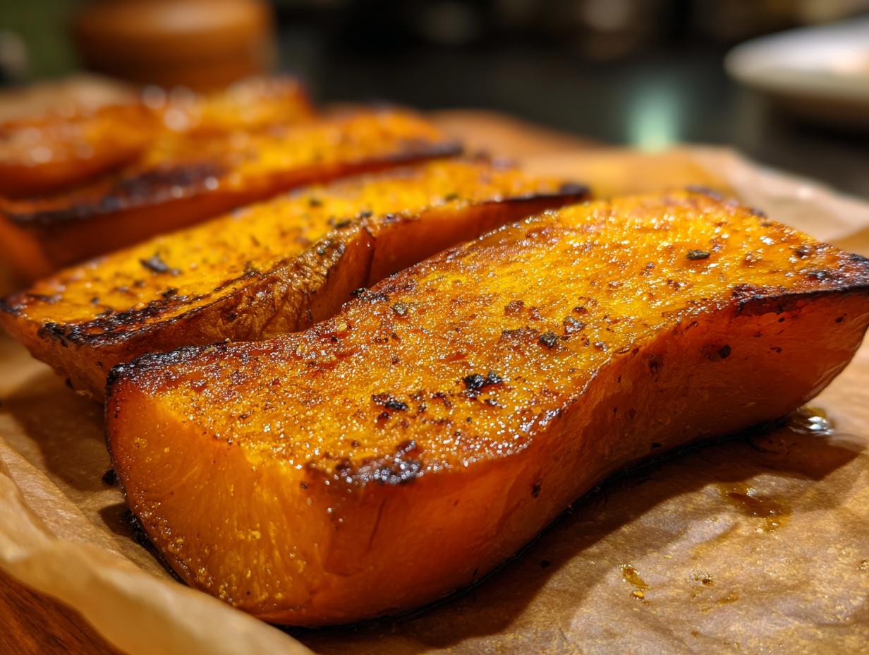 Close-up of perfectly roasted brown sugar butternut squash slices, glistening and caramelized.