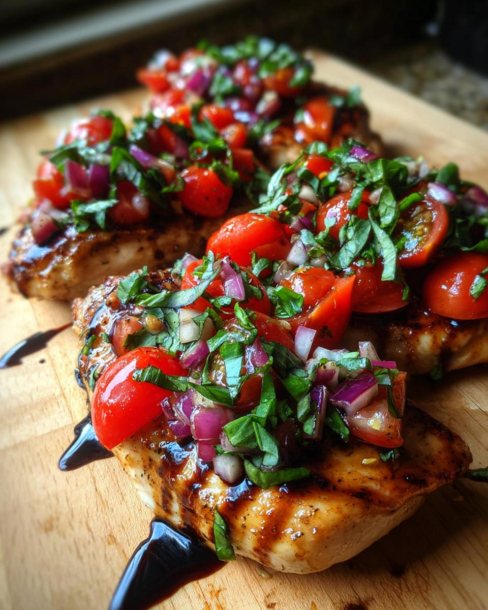 Close-up of grilled Bruschetta chicken topped with fresh tomatoes, red onion, and basil, drizzled with balsamic glaze.