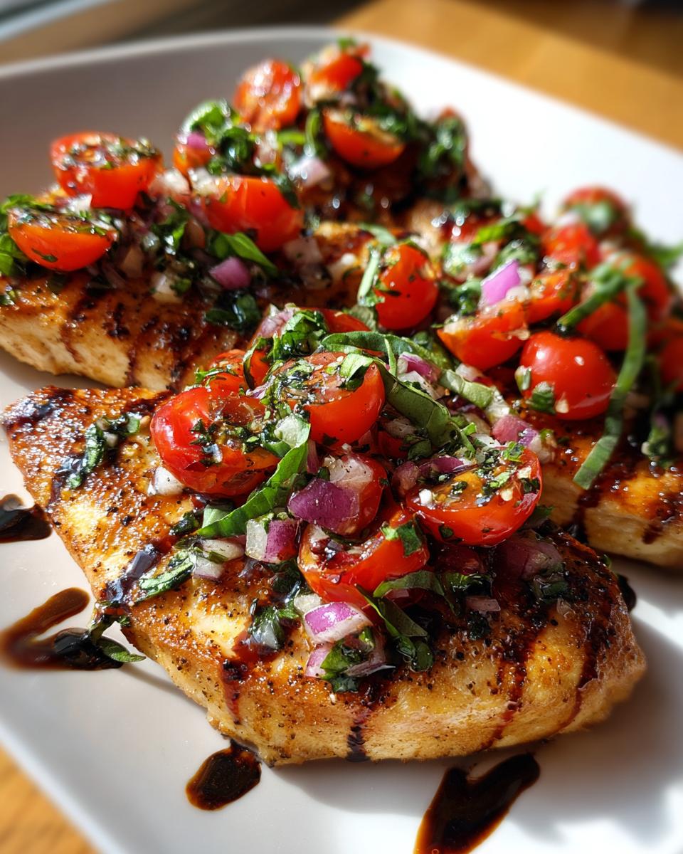 Close-up of grilled Bruschetta chicken fillets topped with fresh cherry tomatoes, red onion, and basil.
