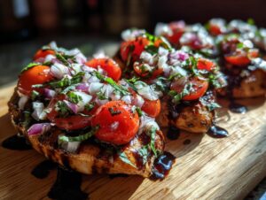 Close-up of grilled Bruschetta chicken topped with fresh tomatoes, red onion, and basil, drizzled with balsamic glaze.