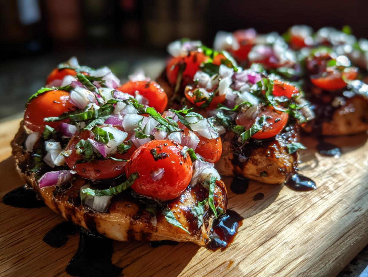 Close-up of grilled Bruschetta chicken topped with fresh tomatoes, red onion, and basil, drizzled with balsamic glaze.