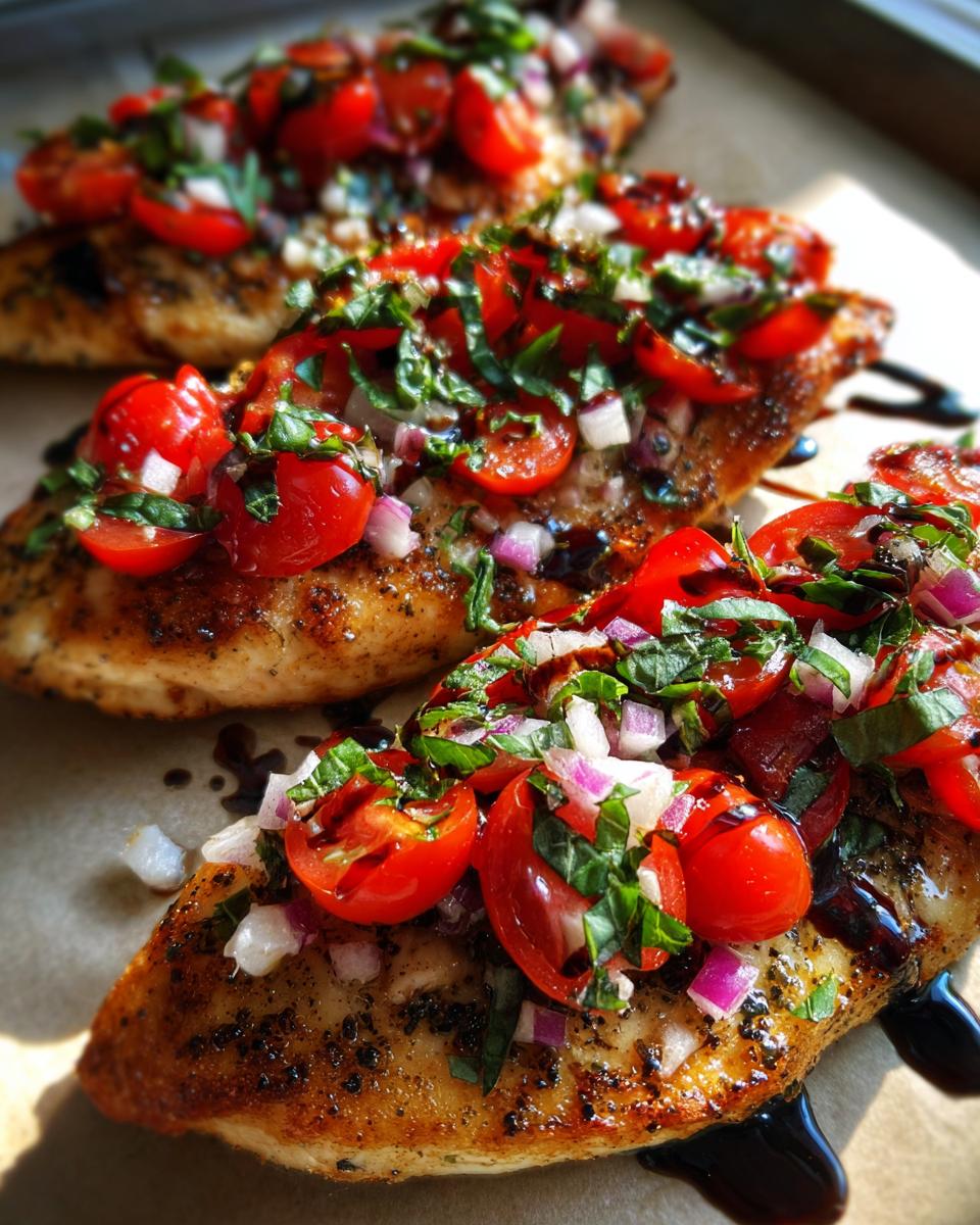 Close-up of three pieces of Bruschetta Chicken topped with fresh tomatoes, red onion, and basil, drizzled with balsamic glaze.
