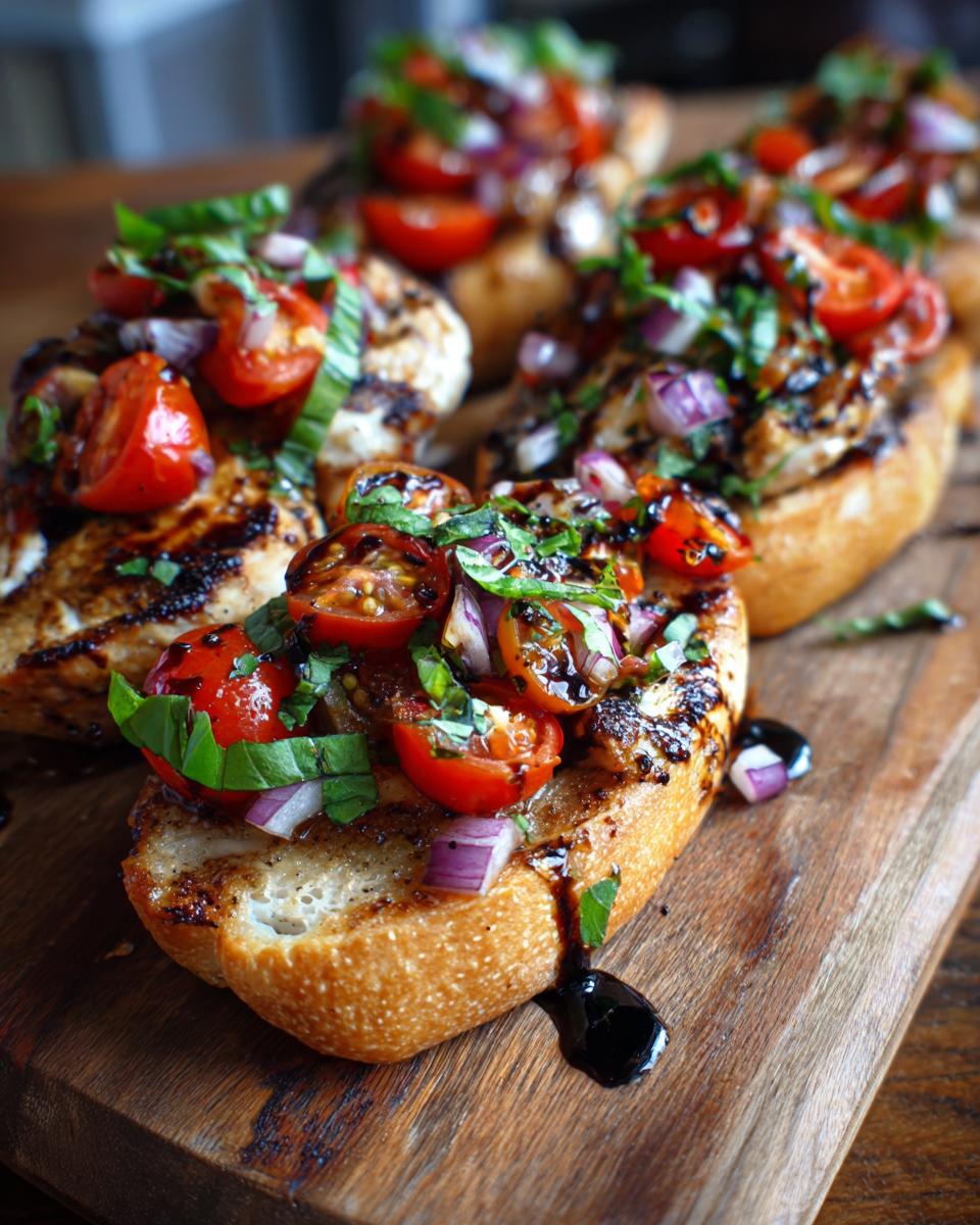 Close-up of Bruschetta Chicken served on toasted bread with fresh tomatoes, red onion, and basil, drizzled with balsamic glaze.