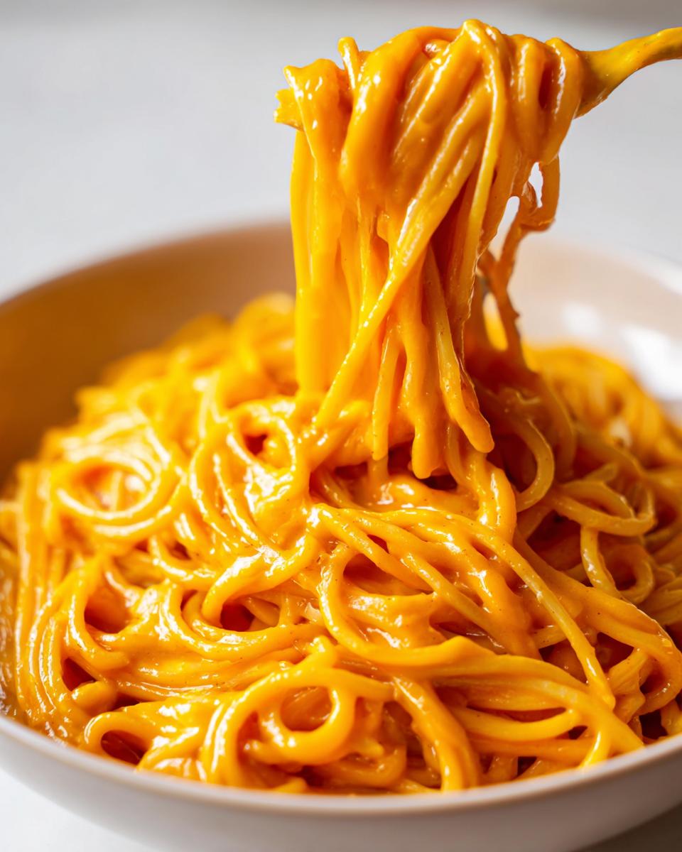 A close-up shot of spaghetti coated in a vibrant, creamy butternut squash pasta sauce.