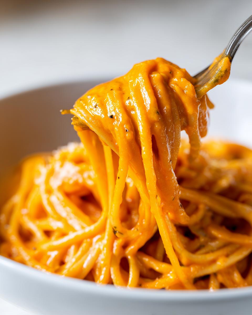 A fork lifts a swirl of spaghetti coated in creamy butternut squash pasta sauce.