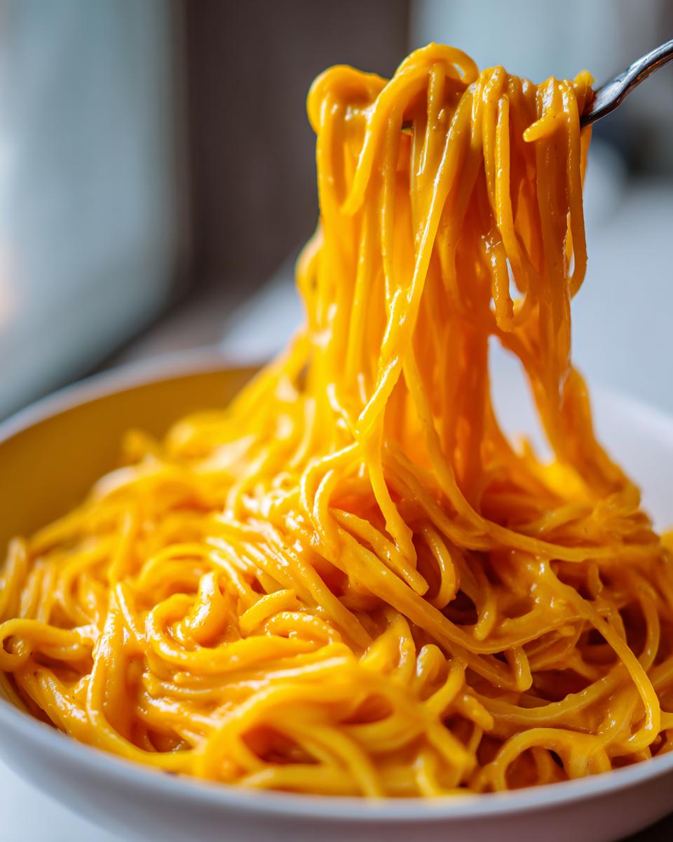 A fork lifting a swirl of spaghetti coated in creamy butternut squash pasta sauce from a white bowl.
