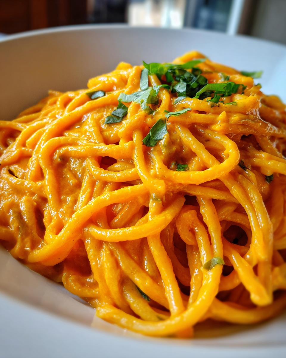 A close-up of spaghetti coated in a vibrant, creamy butternut squash pasta sauce, garnished with fresh herbs.