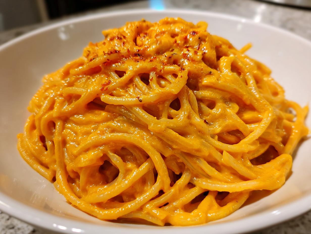 A close-up of spaghetti coated in a vibrant orange butternut squash pasta sauce, topped with red pepper flakes.